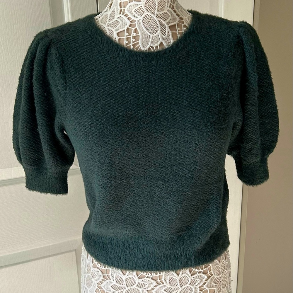 Abercrombie & Fitch Dark Green Fuzzy Puff-Sleeve Crewneck Sweater